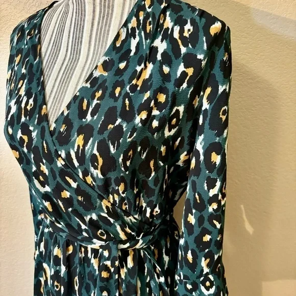 Express Dress Small Olive Green Animal Print Black Mustard Cream Mini Faux Wrap - Picture 7 of 15